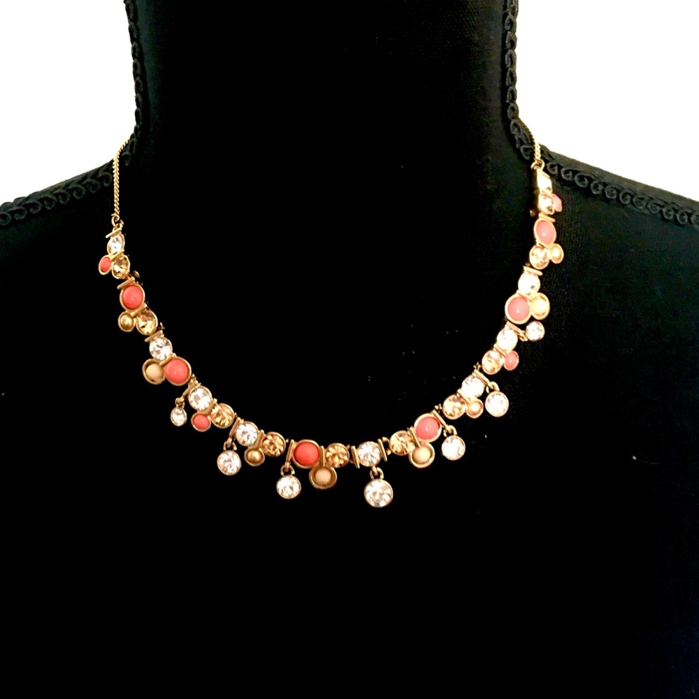 NEW GIVENCHY Designer Coral, Pearl & Clear Rhinestone Gold Tone 12” Necklace